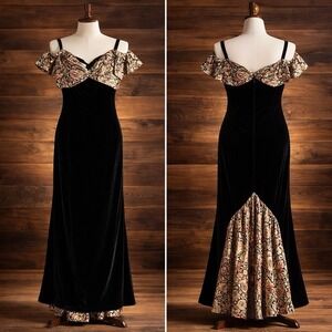 Vintage Jessica McClintock Mermaid Evening Gown M/L* Black Velvet Floral Damask